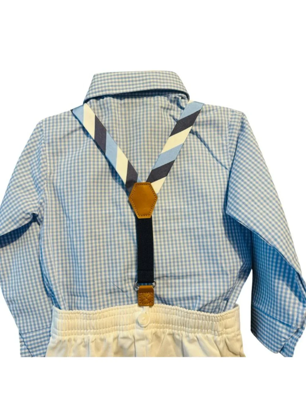IZOD Baby Boys Blue Checkered Shirt White Pants Bow Tie & Suspenders 4-Piece Out